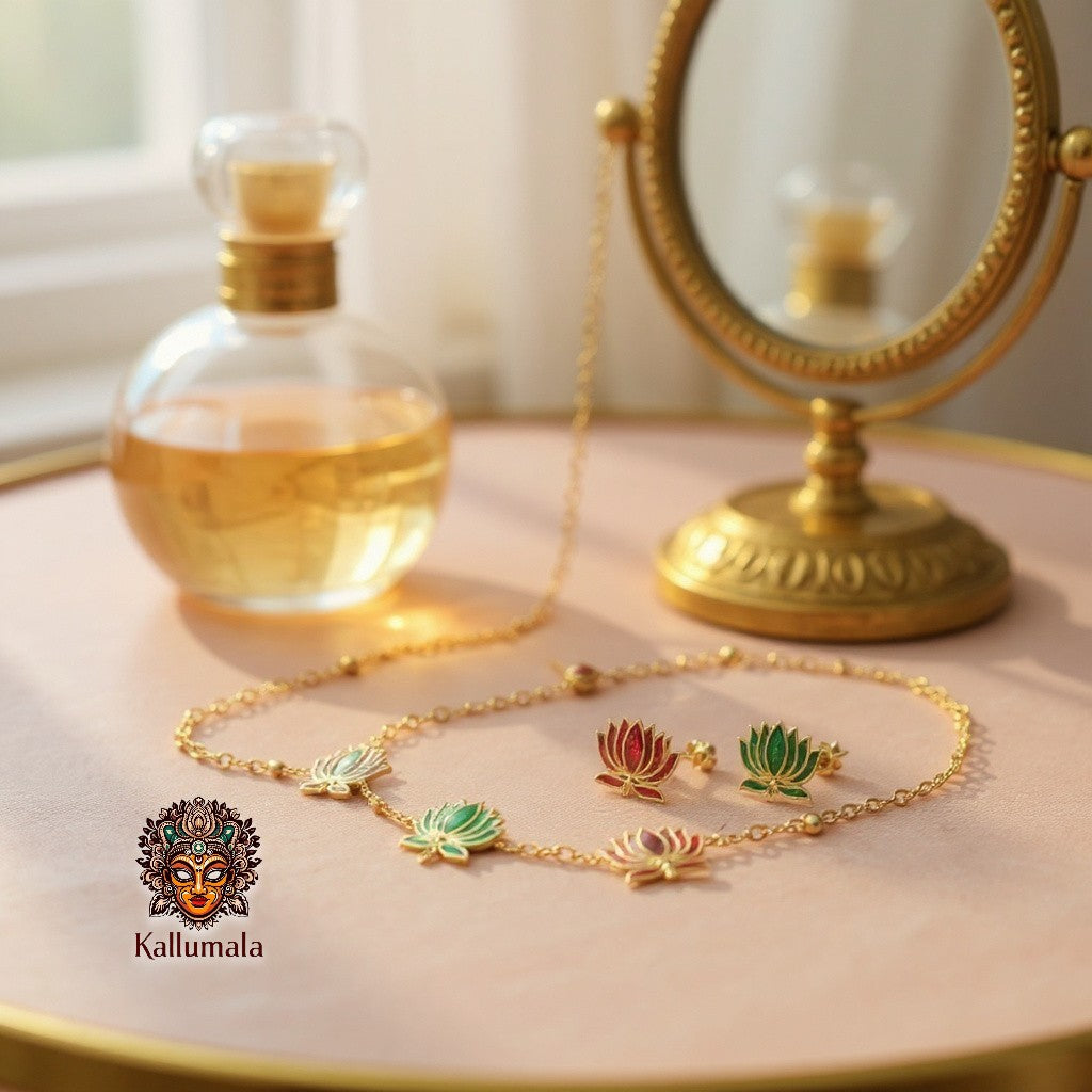 Manju Warrier Inspired Lotus Necklace – Merroon & Green